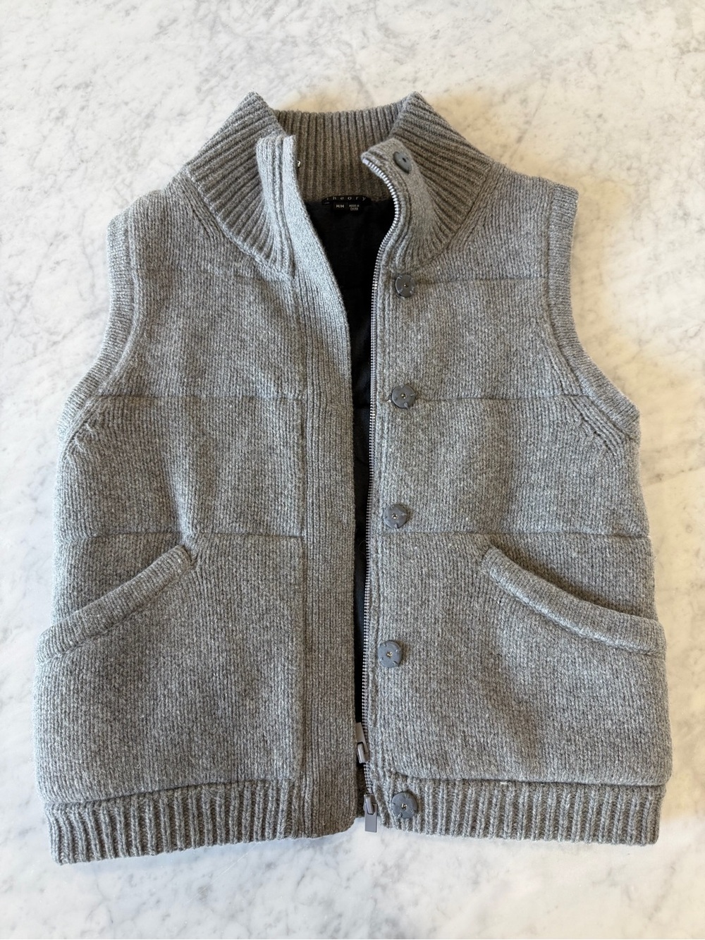 Theory Quilted Knit Puffer Vest Gray Wool Blend Snap Zip Sweater Medium